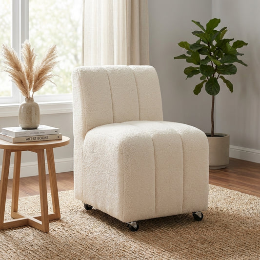 Creamy plush chair on wheels with vertical stitching.