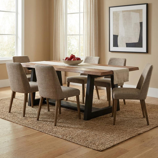 Modern dining room with a wooden table, six chairs, and abstract artwork.