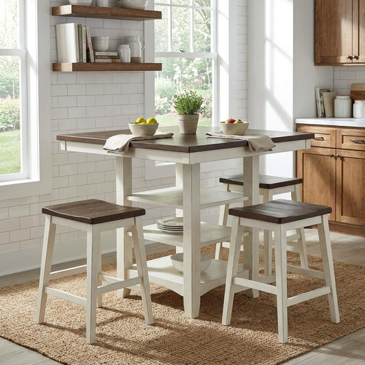 Rustic kitchen island with stools and built-in shelves.
