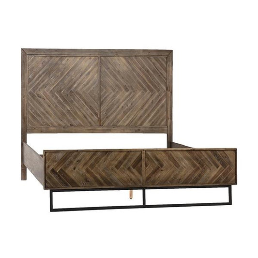 Wooden bed frame with chevron pattern and metal base.