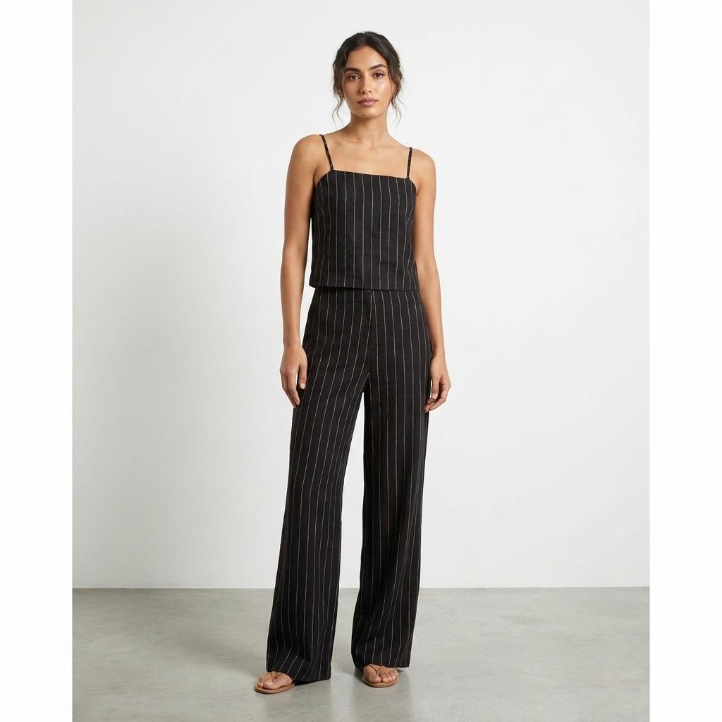Woman in a black pinstripe outfit with spaghetti straps and wide-leg pants.