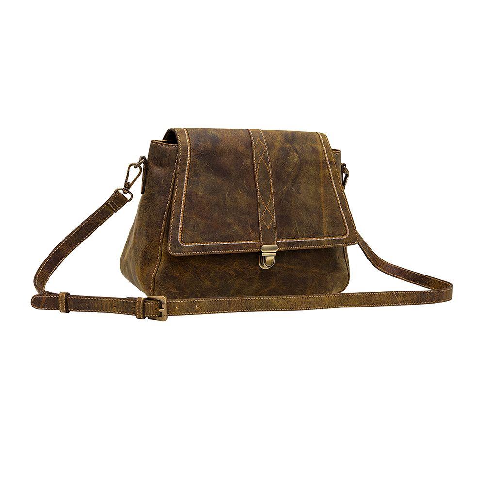Brown leather shoulder bag with adjustable strap and front clasp.