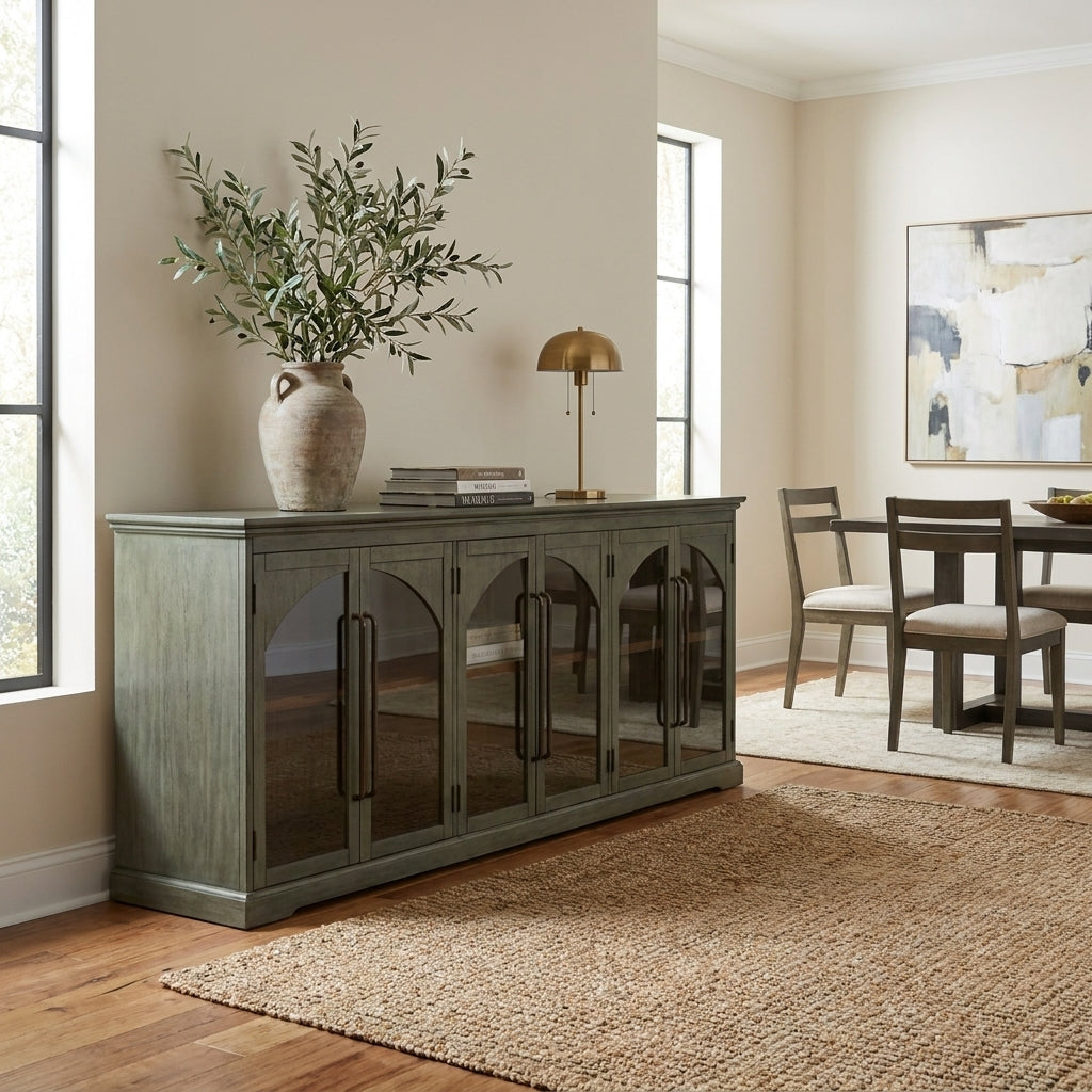 Wooden cabinet with glass doors and arched designs.