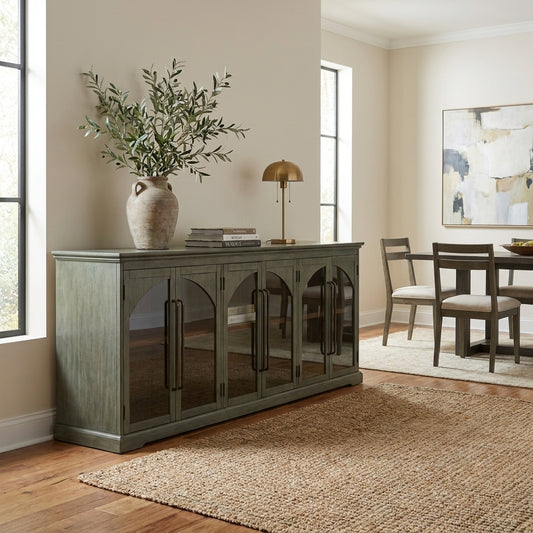 Wooden cabinet with glass doors and arched designs.