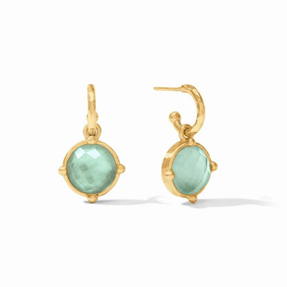 Pair of gold hoop earrings with oval, pale green gemstones.