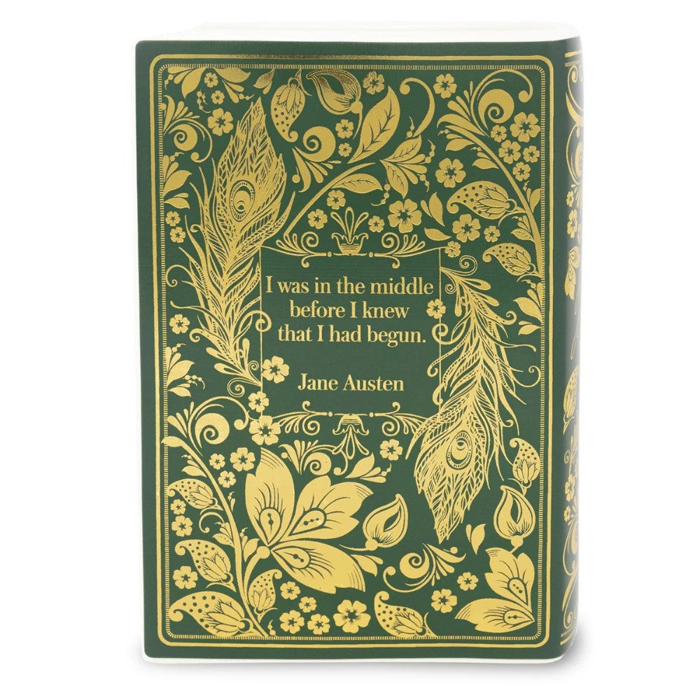 Book with ornate gold floral design and Jane Austen quote on green cover.