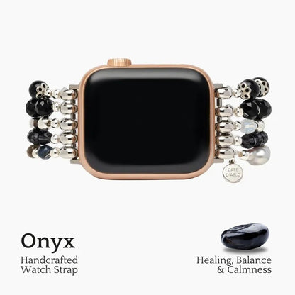 Stylish watch with an onyx bead strap, promoting healing and calm.