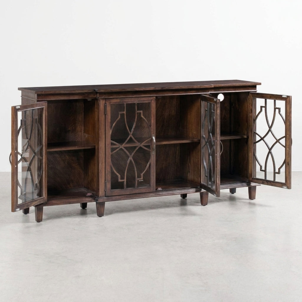 Wooden cabinet with open glass doors and decorative lattice design.