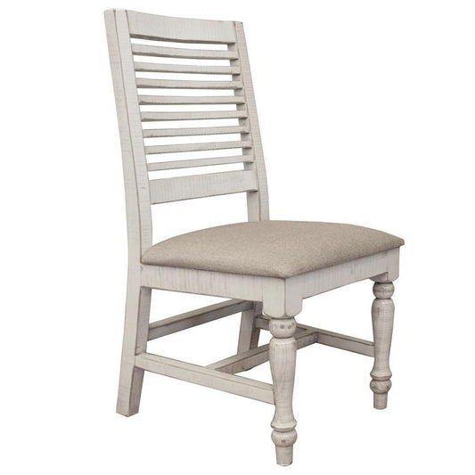White wooden chair with slatted back and cushioned seat.
