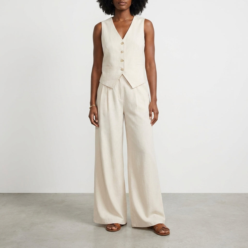 Woman in beige vest and pants ensemble, standing on gray floor.