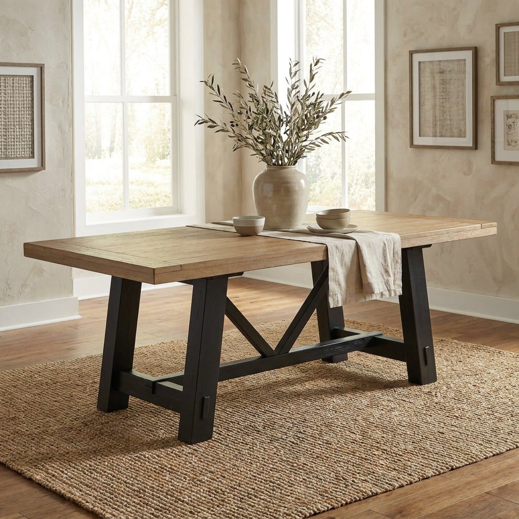 Wooden table with a trestle base and black legs.