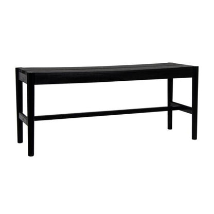 Black wooden bench with a simple, modern design.