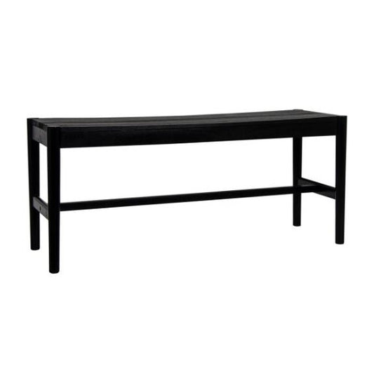 Black wooden bench with a simple, modern design.