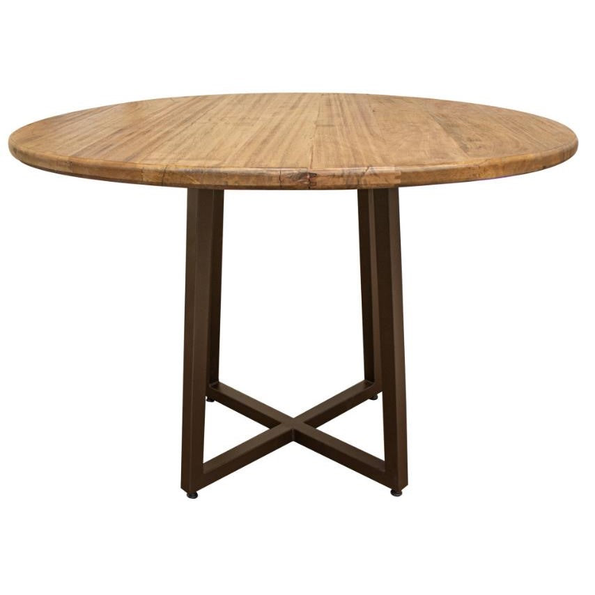 Round wooden table with metal legs in an X-pattern.