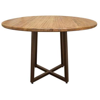 Round wooden table with metal legs in an X-pattern.