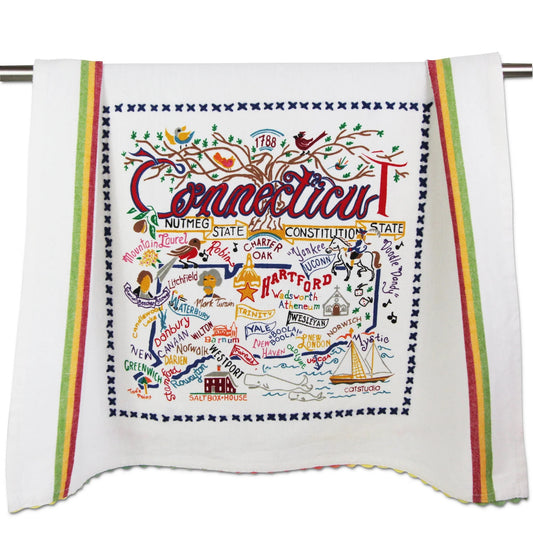 Colorful Connecticut map design on a decorative towel.
