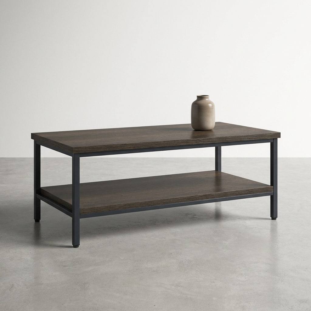 Modern wooden coffee table with metal frame and lower shelf.