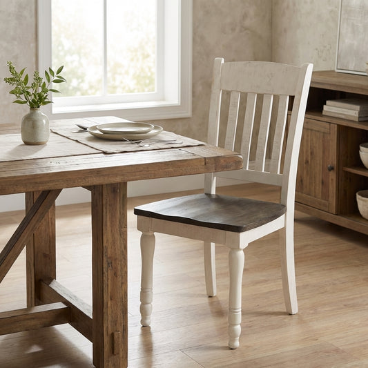 Wooden chair with a white frame and dark seat.