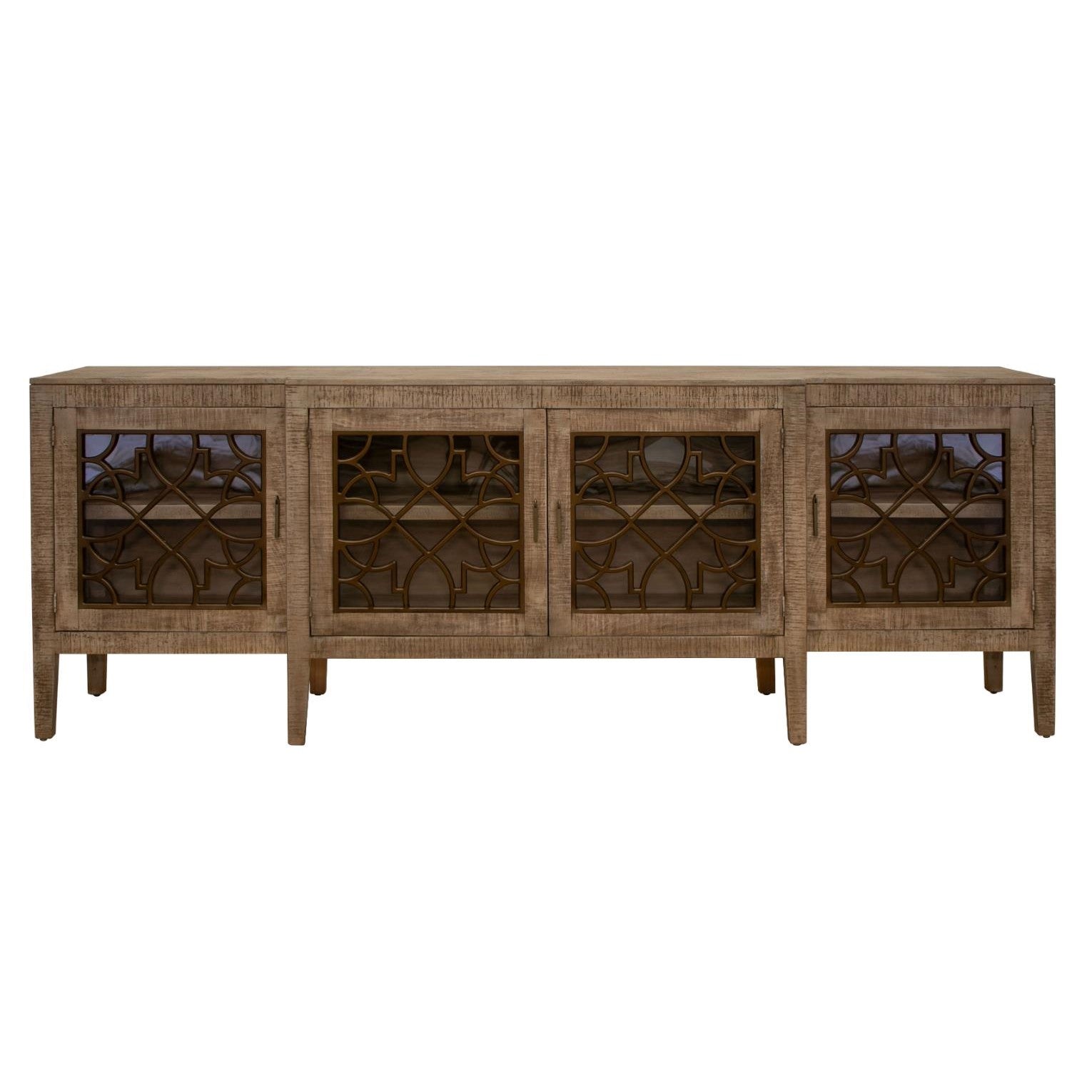 Elegant wooden sideboard with intricate lattice glass doors.