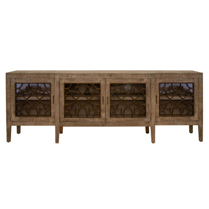 Elegant wooden sideboard with intricate lattice glass doors.