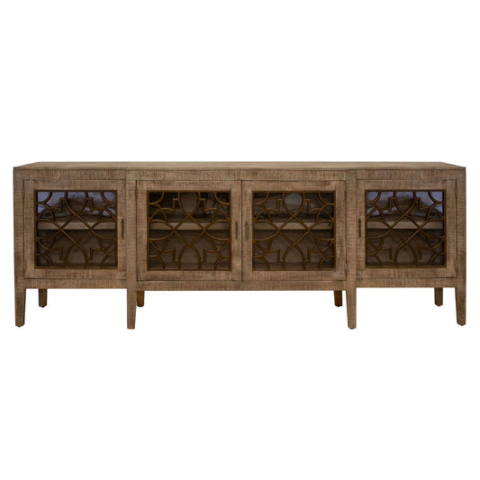 Elegant wooden sideboard with intricate lattice glass doors.