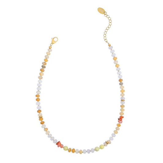 Colorful beaded necklace with gold-plated clasp and chain extension.