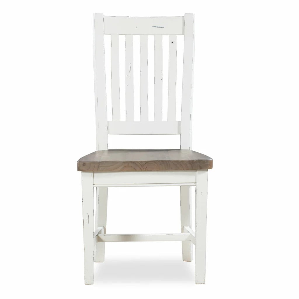 White wooden chair with a rustic brown seat.