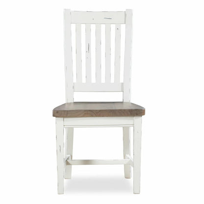 White wooden chair with a rustic brown seat.
