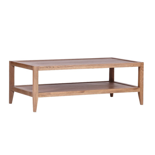 Minimalist two-tier wooden coffee table.