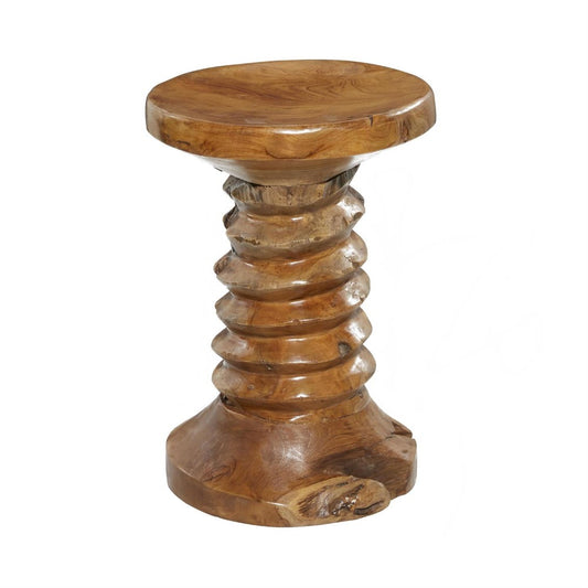 Wooden stool with a carved spiraled base.