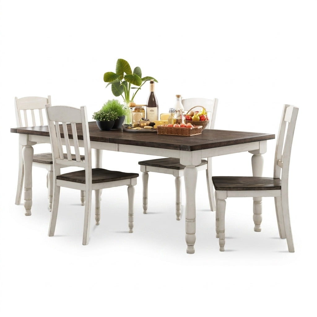 Dining table set with plants and breakfast items on top.