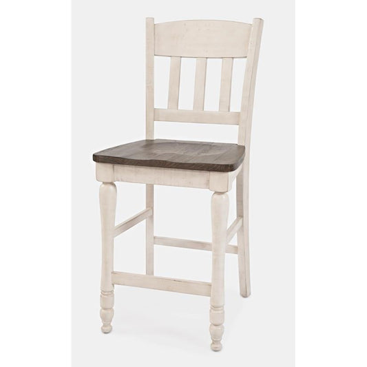 Rustic white chair with dark wood seat.