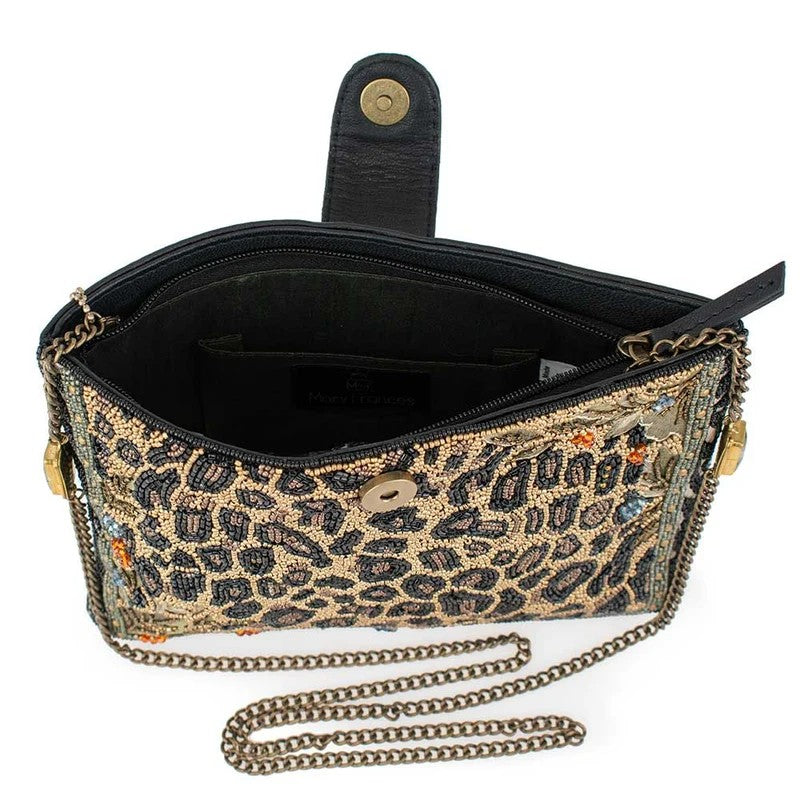 Beaded leopard-pattern clutch with chain strap and open magnetic closure.