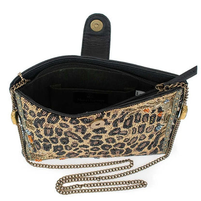 Beaded leopard-pattern clutch with chain strap and open magnetic closure.