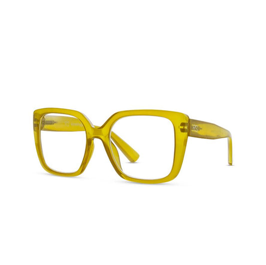 Yellow square-frame glasses on a white background.