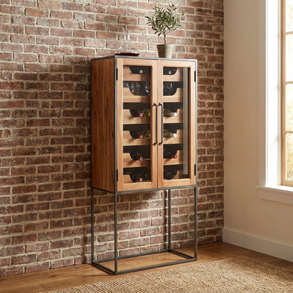 Wooden wine cabinet with metal legs and vertical handles.