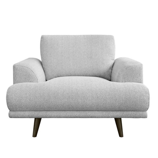 Gray armchair with cushioned arms and tapered legs.