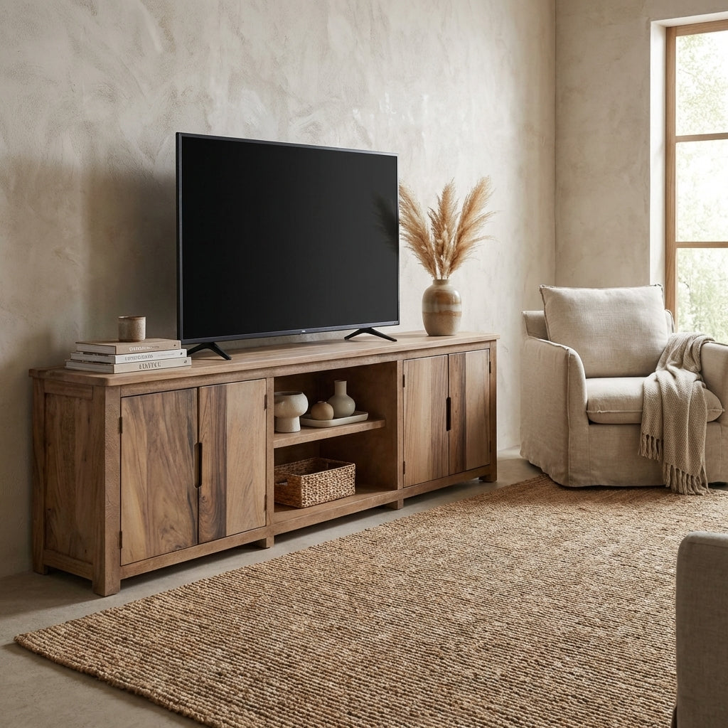 Wooden TV stand with cabinets and shelves.