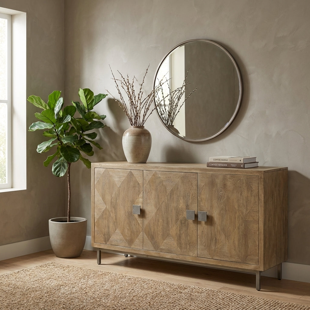 Wooden sideboard, round mirror, plant, and vase in a minimalist room.
