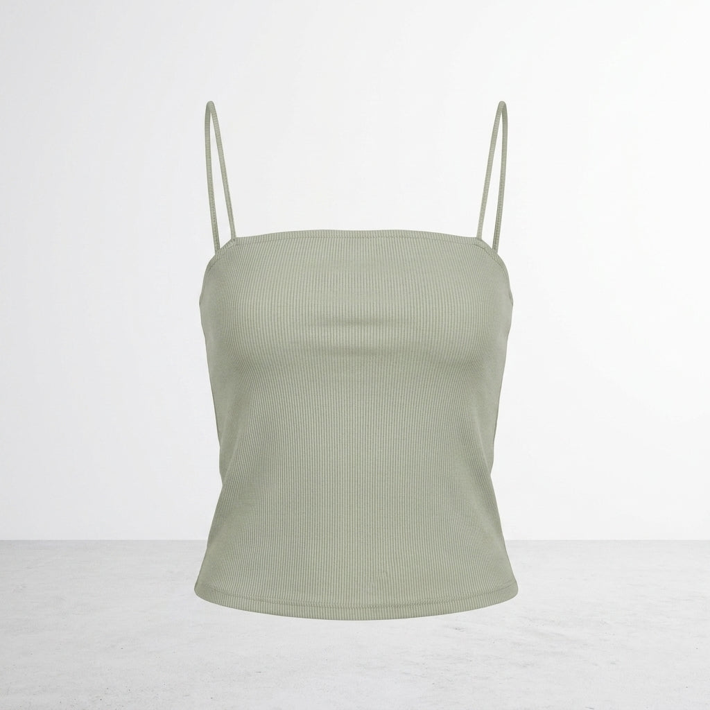 Light green ribbed camisole with thin straps on a plain background.