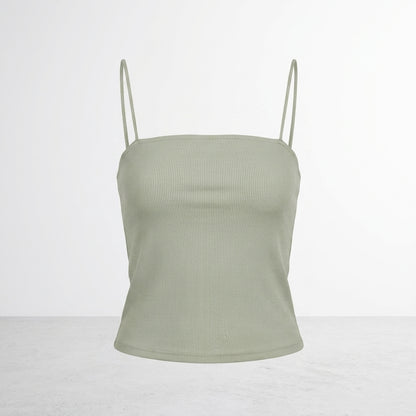 Light green ribbed camisole with thin straps on a plain background.