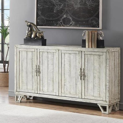 Wooden cabinet with horse sculpture, books, and a world map on the wall above.