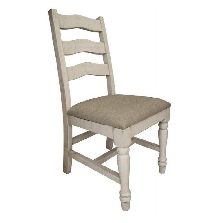 Wooden chair with beige cushioned seat and ladder back design.