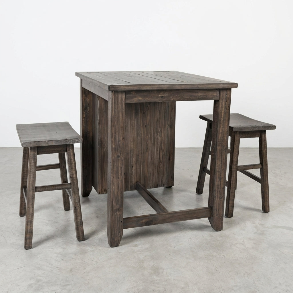 Rustic wooden table with two matching stools.
