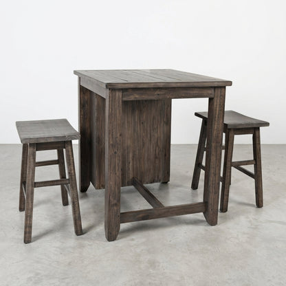 Rustic wooden table with two matching stools.