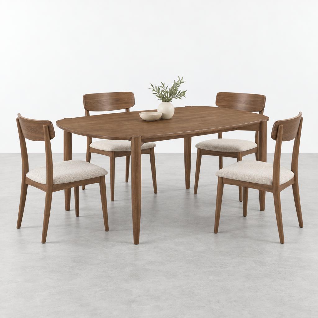 Wooden dining table with tapered legs.