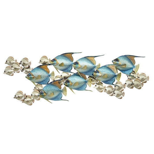 School of blue and silver fish swimming in formation.