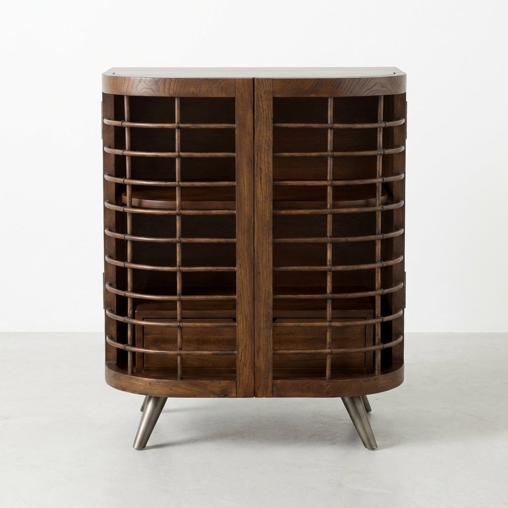 Wooden cabinet with open louvered doors and extended drawer.