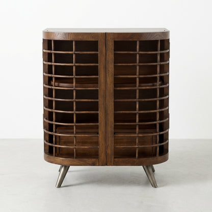Wooden cabinet with open louvered doors and extended drawer.