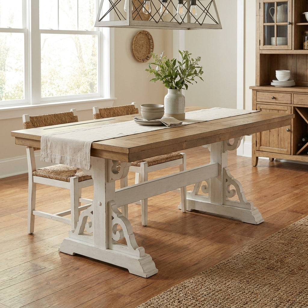 Wooden table with white ornate legs.